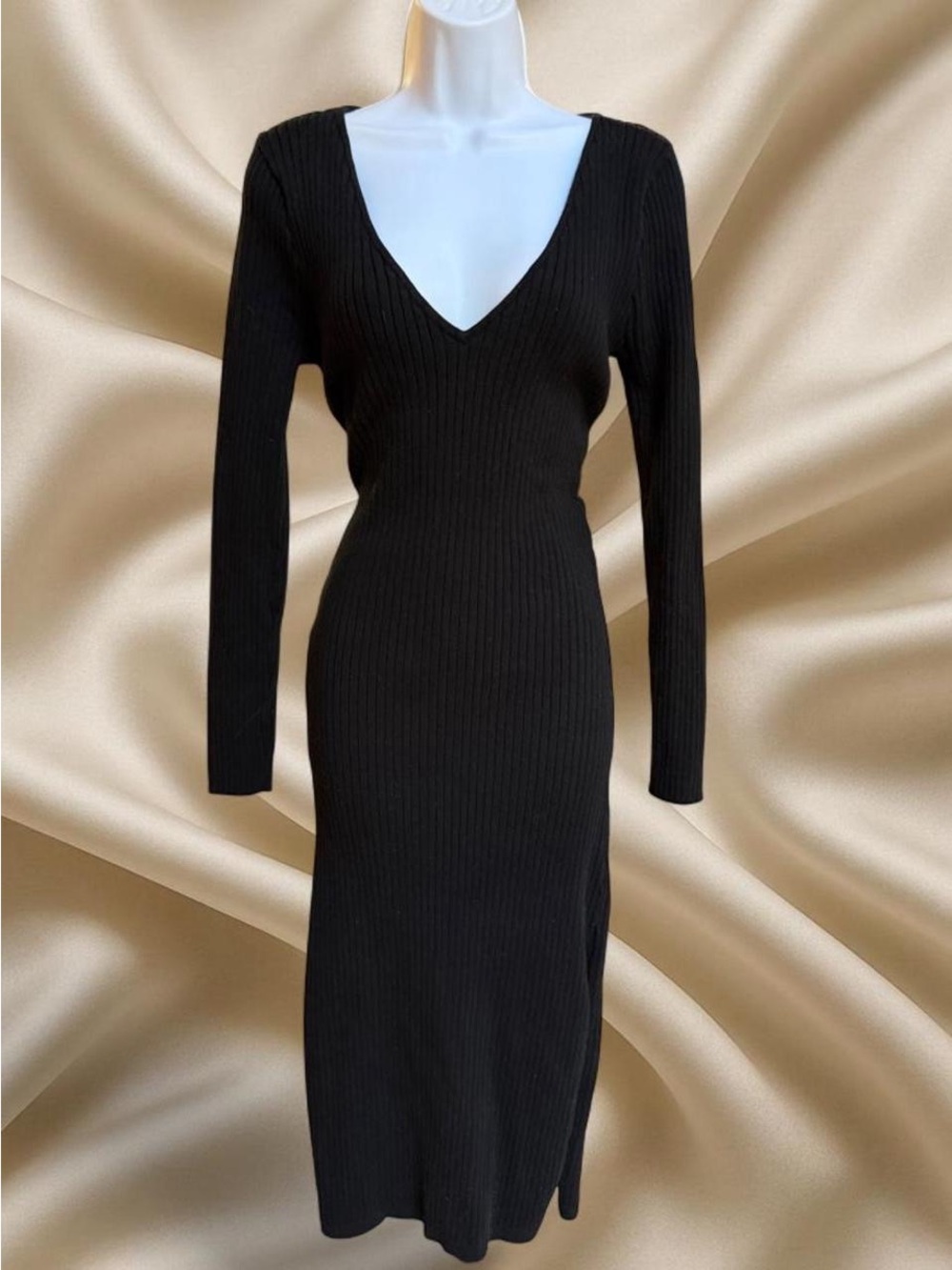 Good American Black Ribbed Knit Maxi Dress Tie Back Bodycon